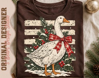 Vintage Christmas Goose PNG | Red Plaid Bow, Pine, Holly (Digital Download)