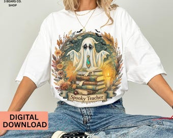 Fall Halloween Spooky Teacher Cute Ghost Sublimation Design, Halloween Teacher Shirt Png, Digital Download PNG Instant DIGITAL ONLY