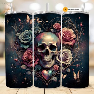 Skull Roses Hearts Tumbler Wrap, Gothic Skull 20 oz Skinny Straight Sublimation Tumbler Design, Spooky Skeleton PNG Digital Download
