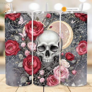 Skull Roses Hearts Tumbler Wrap, Gothic Skull 20 oz Skinny Straight Sublimation Tumbler Design, Spooky Skeleton PNG Digital Download