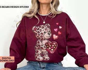 Disegno di sublimazione di orsacchiotto di San Valentino con strass finti in formato PNG (download digitale)
