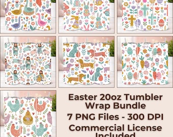 Paquete de envoltorios para vasos de Pascua con diseño floral pastel, conejito, perro salchicha y cruz (descarga digital)