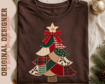 Patchwork Christmas Tree Shirt Design | Quilted Plaid Gingham Sublimation (Digital Download)