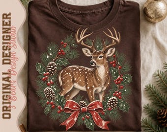 Vintage Deer Christmas Wreath Sublimation Design (PNG)
