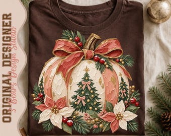 Pink Cream Pumpkin Christmas Design | Poinsettias, Trees, Gold Ribbon (PNG Sublimation)