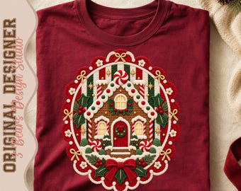 Embroidered Gingerbread House Shirt Design | Peppermint Candy Cane Scalloped Stripe (PNG)