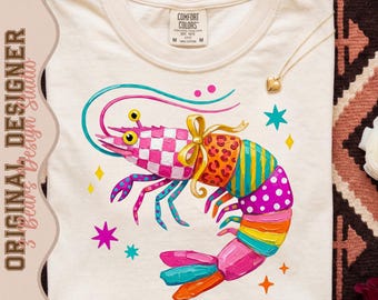 Patchwork Shrimp Sublimation Design | Impasto Oil Paint, Summer Beach PNG (Digital Download)