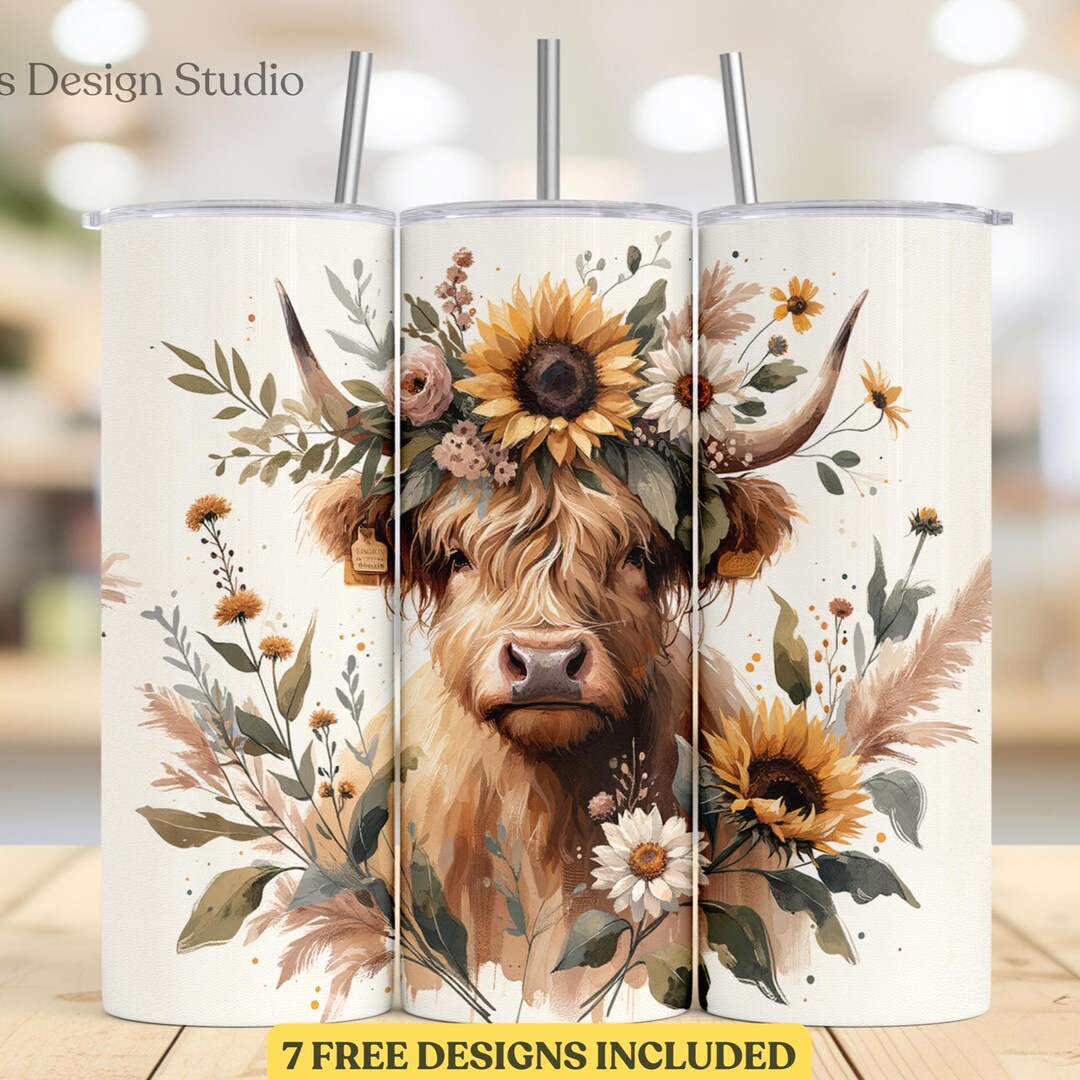Highland Cow Tumbler Wrap PNG, Boho Floral 20 Oz Skinny Design (digital ...