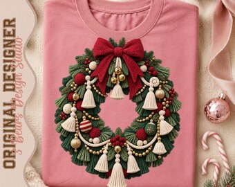 Faux Yarn Christmas Wreath Shirt Design | Red Bow, Gold Beads, Tassels (PNG Sublimation)