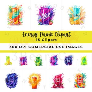 a collection of colorful and vibrant drink clipart images, including cans of energy drinks, tropical fruits, and other beverages.