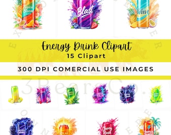 Paquete de imágenes PNG de bebidas energéticas: sabores espumosos, diseños de sublimación (15 archivos)