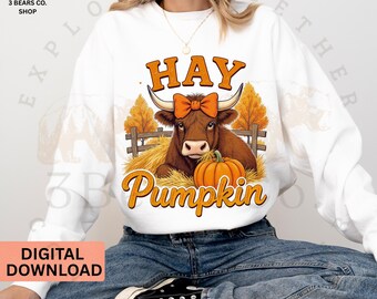 Funny Fall PNG: Hay Pumpkin Highland Cow  Sublimation Design (Digital Download)