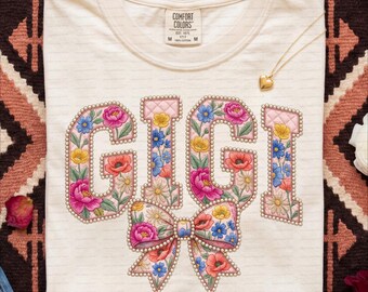 Gigi PNG | Floral Faux Embroidered Pearl Grandma Sublimation Design | Mothers Day DTF Digital Download