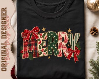 Patchwork Christmas Shirt Design | Plaid, Holly, Polka Dot, Toile (PNG)