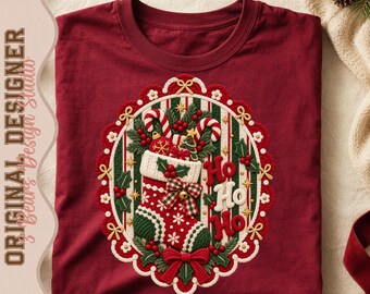 Nordic Knit Christmas Stocking Shirt Design | Candy Canes, Gingham Bow (PNG Sublimation)