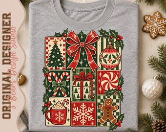 Retro Christmas Icon Collage Shirt Design | Tree, Bow, Ornament, Peppermint, Cocoa, Gingerbread (PNG)