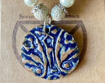 Stamped Ceramic Blue Mosaic Pendant Necklace *k•h•c