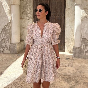 Flower Cotton Mini Dress with Puff Sleeves