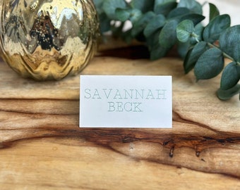 Embossed place card, custom wedding place card, handmade metallic embossed print, simple elegant tented event name card, 2" x 3.5" card