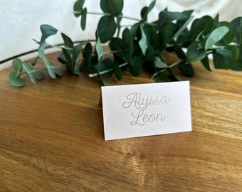 Embossed place card, custom wedding place card, handmade metallic embossed script, simple elegant tented event name card, 2" x 3.5" card