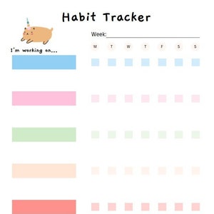 Könnte beinhalten: Ein druckbarer Gewohnheits-Tracker mit einem Cartoon-Bären mit einem Einhorn-Horn. Der Tracker hat fünf Abschnitte für Gewohnheiten, jeder mit einer Farbe: hellblau, rosa, hellgrün, hellorange und hellrot. Jeder Abschnitt hat einen Platz, um die Gewohnheit zu schreiben, und ein Raster aus Quadraten, um die Gewohnheit für jeden Tag der Woche zu verfolgen. Der Tracker hat auch einen Platz unten, um Ziele für die nächste Woche zu schreiben.