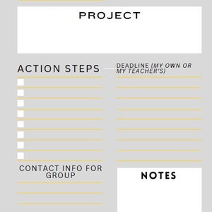 Pode incluir: Um modelo de plano de projeto imprimível cinza e branco com o título "PROJECT PLAN" no topo. O modelo inclui seções para a data de vencimento, o nome do projeto, as etapas de ação, o prazo, as informações de contato para o grupo e as notas.