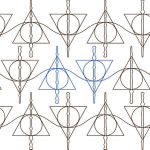 May include: A repeating pattern of black and blue triangles, circles, and lines. The pattern is a stylized representation of the Deathly Hallows symbol from the Harry Potter series.