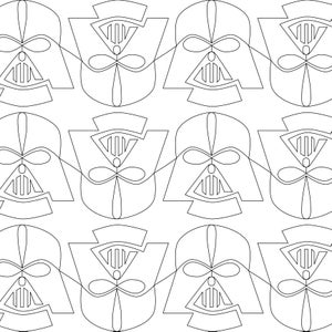 Op de afbeelding: Een zwart-wit lijntekenpatroon van Darth Vaders helm, herhaald in een rasterpatroon.