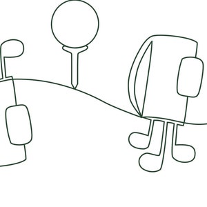 Może przedstawiać: Rysunek liniowy przedstawiający sprzęt do golfa: torba golfowa z kijami, piłka na tee i kolejna piłka na tee. Minimalistyczny design wykorzystuje jedną ciągłą linię do tworzenia kształtów.