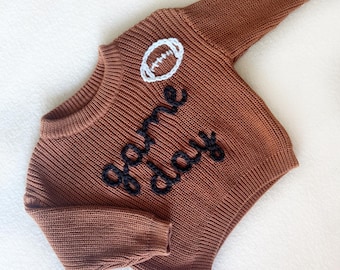 Embroidered Football Sweater: Custom Game Day Knit Cotton Crewneck