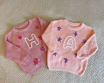 Custom Hand Embroidered Initial Flower Crewneck Sweater for Baby or Toddler, Cute Baby Gift, Baby Shower Gift, Knit Sweater