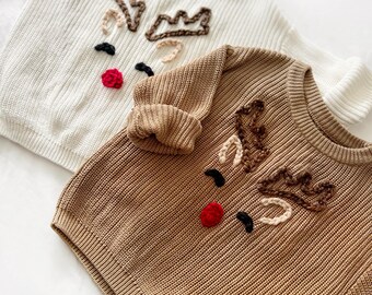 Hand Embroidered Holiday Reindeer Sweater for Christmas (Baby/Toddler)