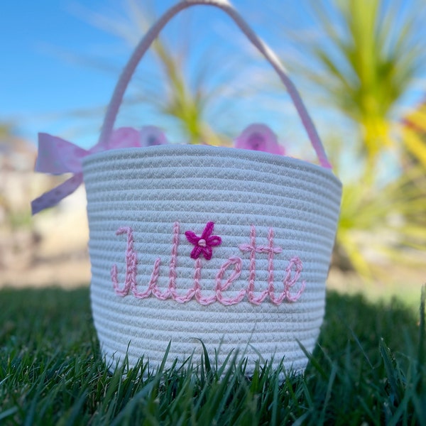 Custom Hand Embroidered Easter Basket with Name for toddlers/kids, Personalized, Bunny, Easter Sunday, Cotton Rope Basket, Cute Name Basket