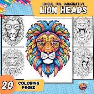 May include: A set of 20 coloring pages featuring unique, fun, and imaginative lion heads. The lion heads are drawn in a detailed, intricate style with colorful patterns and designs. The coloring pages are perfect for adults and children who enjoy creative activities.