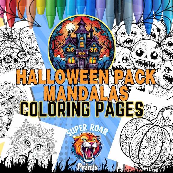 Halloween Pack COLORING PAGES | Mandalas Style | Cats.Pumpkins. Zombies. Bats. Haunted House.