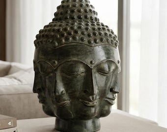 Buddha Head Sculpture 12.2", Bronze Four Faces, Zen Meditation Statue, Sacred Table Decor