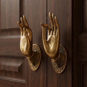 Puede incluir: Un par de manijas de puerta de metal dorado con forma de manos humanas en un gesto mudra. Cada manija presenta una placa base circular ornamentada con intrincados patrones de filigrana, montada en una puerta doble de madera marrón.