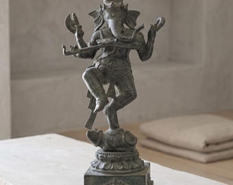 Ganesha Ganapati Sculpture 12.2", Antique Green Brass, Dancing Elephant God, Spiritual Home Decor
