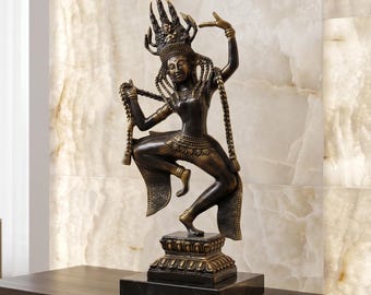 Khmer Apsara Dancer Statue 13.9", Brass Black, Meditation Home Decor, Sacred Figurine