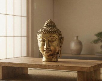 Brass Buddha Head Statue, Desk Decor, 8.3 inch, Fathers Day Gift