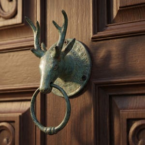 May include: A bronze deer head door knocker with a ring handle, mounted on a dark wooden door. The knocker features detailed antlers and a decorative circular backplate. The door has carved panels.