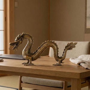 Chinese Dragon Sculpture 10.6", Gold Brass, Serpentine Figurine, Asian Tabletop, Centerpiece Home Decor
