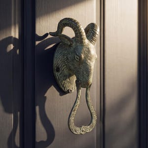 May include: A bronze goat head door knocker mounted on a dark gray door. The knocker's design includes curved horns and a long, looped handle. The sunlight casts a shadow of a person's profile on the door.