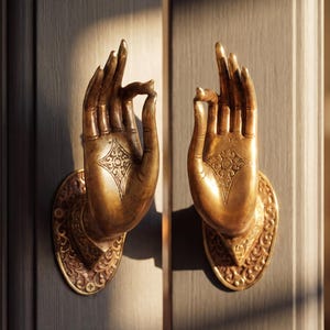 Può includere: Due maniglie antiche color oro a forma di mani in un gesto di benedizione. Ogni mano è montata su una placca ovale e ornata. Le maniglie sono su una porta grigia.