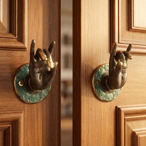 Antique Bronze Hand Mudra Door Handle, Boho Brass Door Decor (4 Inch)