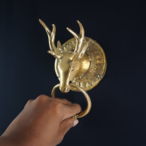 Gold Deer Door Knocker, Unique Golden Solid Brass Door Decor, Halloween Gift, Home Decor, Holiday Gift, Door Ornaments, Interior Idea