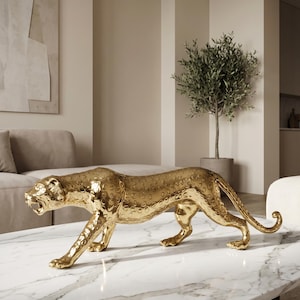 Leopard Sculpture 17.7", Brass Stalking Animal, Gold Finish, Luxury Tabletop Decor