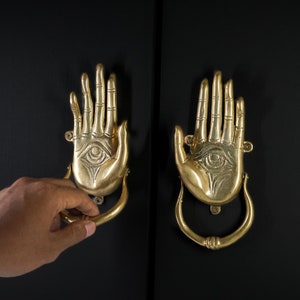 Hand Of Fatima Door knob Solid Brass Gold, Pair Door Handle Solid Brass, Vintage Door Knob, Halloween  Gift, Home Decor, Luxury Door Handle