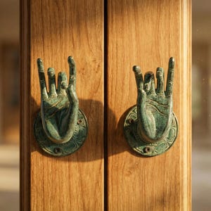 May include: Two bronze-colored hand-shaped door knockers mounted on a wooden door. The hands are in a rock-and-roll gesture, with the index and pinky fingers extended. The door has a natural wood grain.