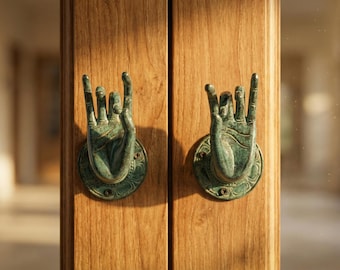 Hand Mudra Door Handle 5.3" Brass Pull Pair, Green Patina, Sculptural Entry Hardware